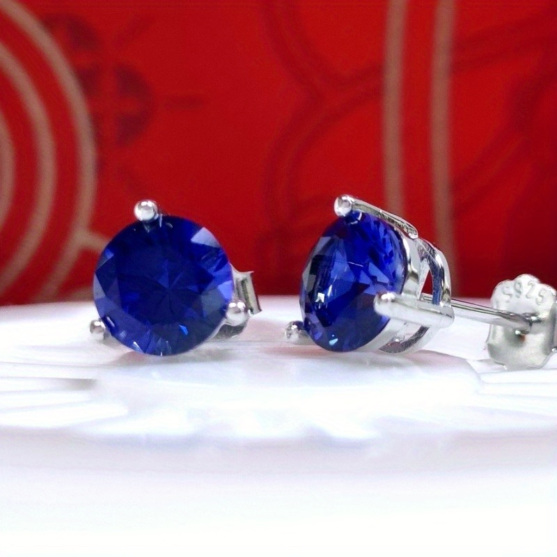 1 Pair Classic Round Synthetic Sapphire Stud Earrings, S925 Silver